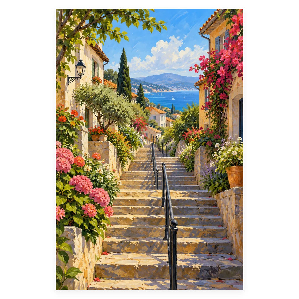 Coastal Village Flower Stairway completed artwork on a clean white background