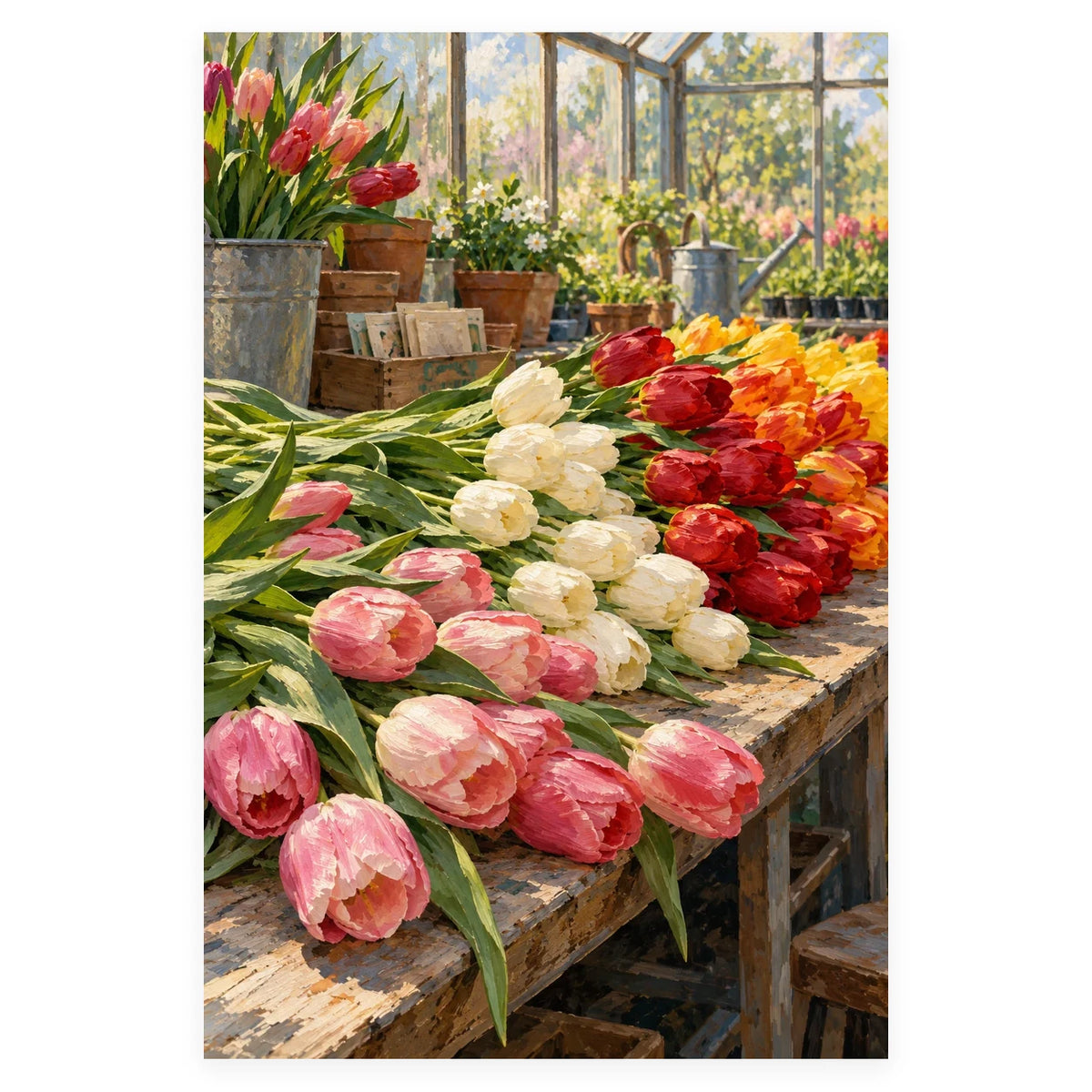 Colorful Tulips Greenhouse Bench completed artwork on a clean white background