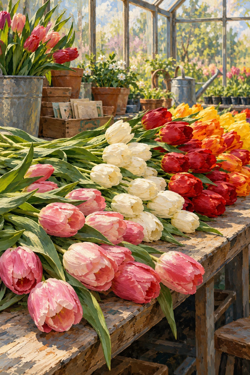 Original artwork of red, ivory and pink tulips on wooden benches inside a greenhouse.