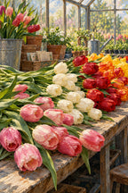 Original artwork of red, ivory and pink tulips on wooden benches inside a greenhouse.