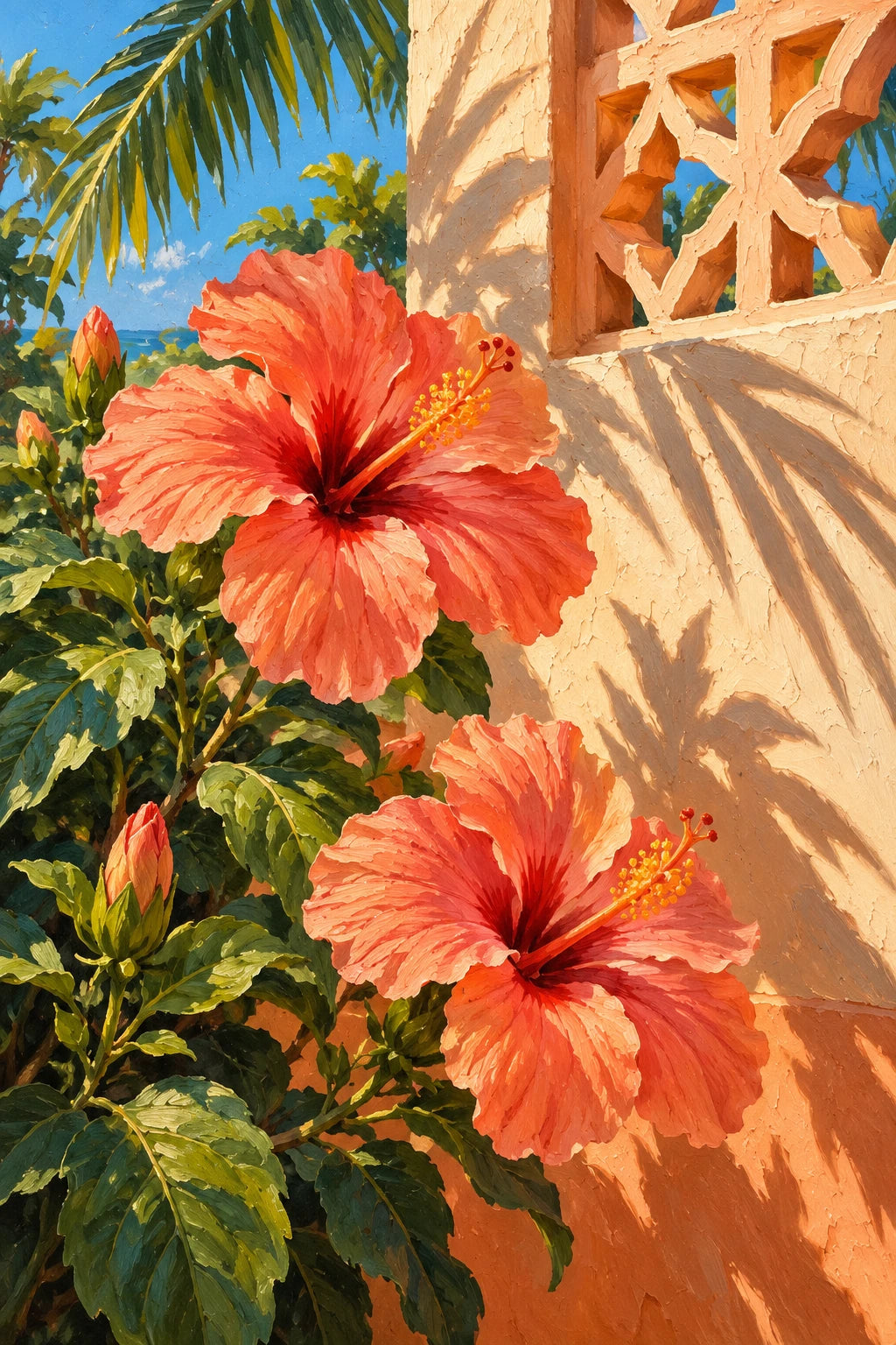 Coral Hibiscus Lattice Patio completed artwork on a clean white background.
