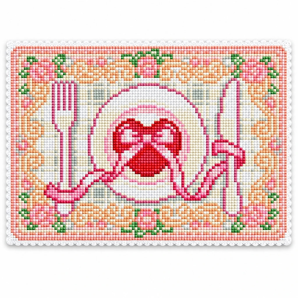 Pastel table setting diamond painting placemat in Coral Rose