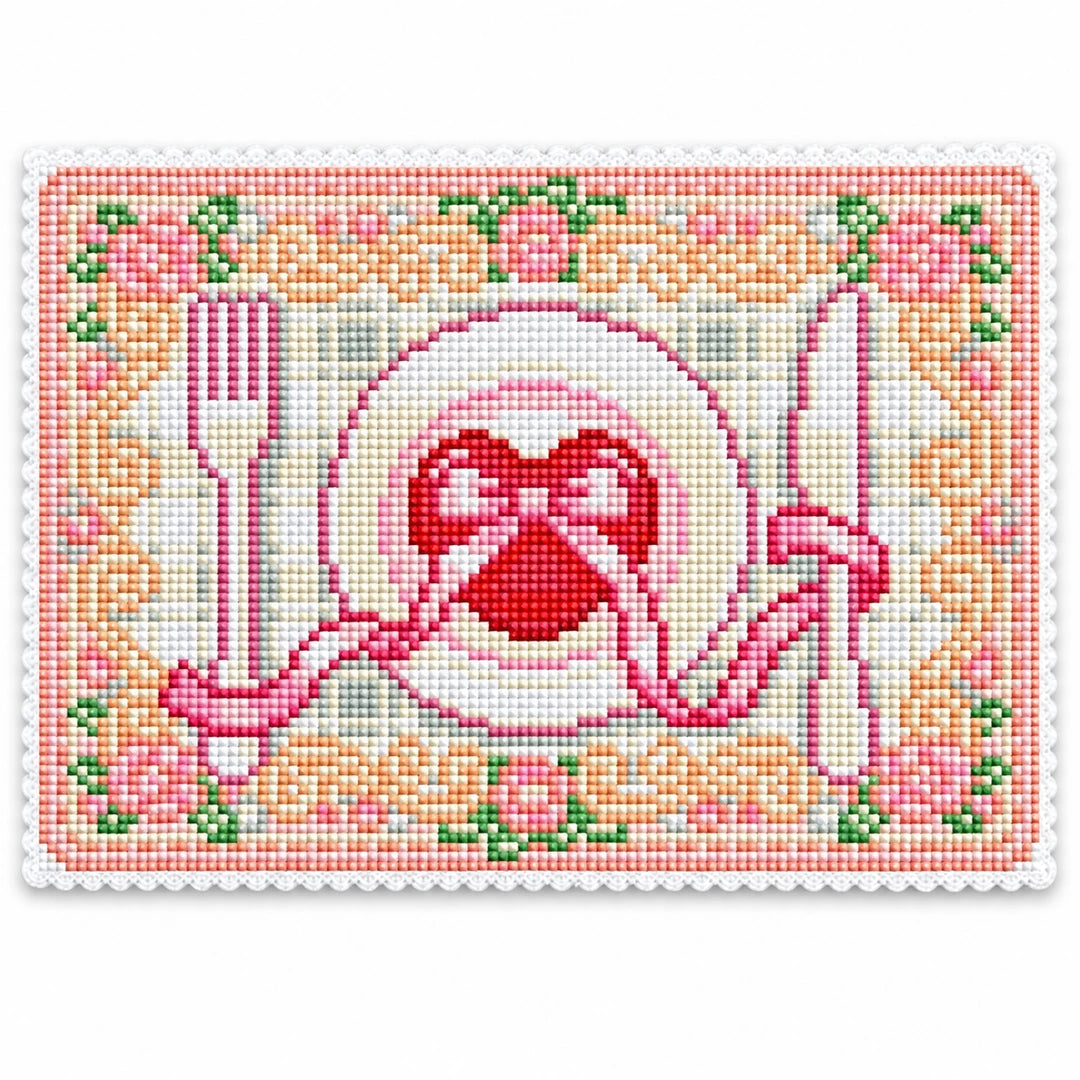 Pastel table setting diamond painting placemat in Coral Rose
