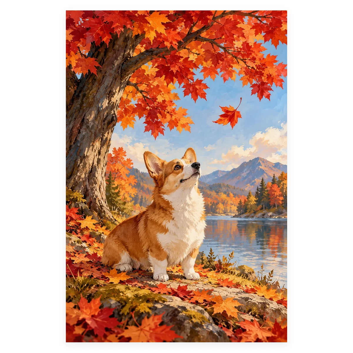Corgi Under Maple Tree completed artwork on a clean white background