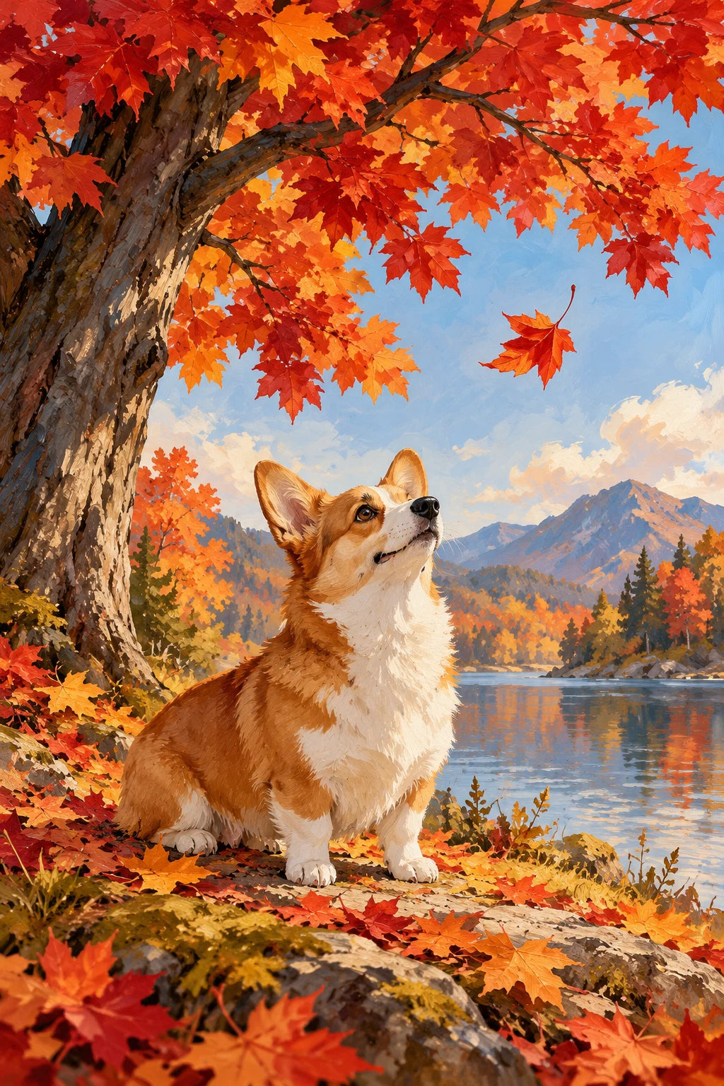 Original Corgi Under Maple Tree artwork for the paint by numbers kit