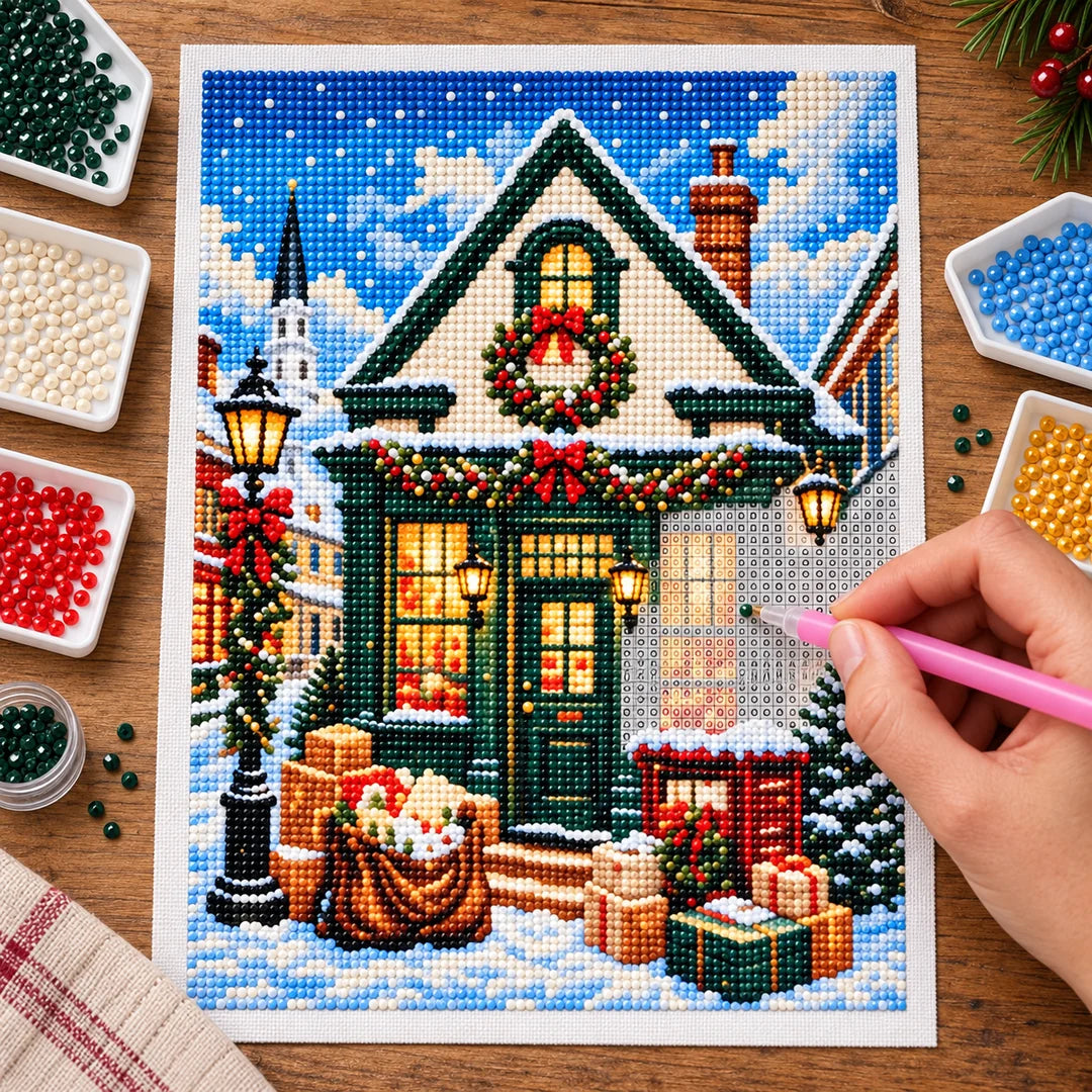 Placing a resin drill on Cozy Christmas Cottage diamond painting