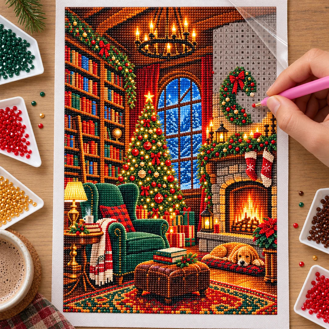 Placing a resin drill on Cozy Christmas Library diamond painting
