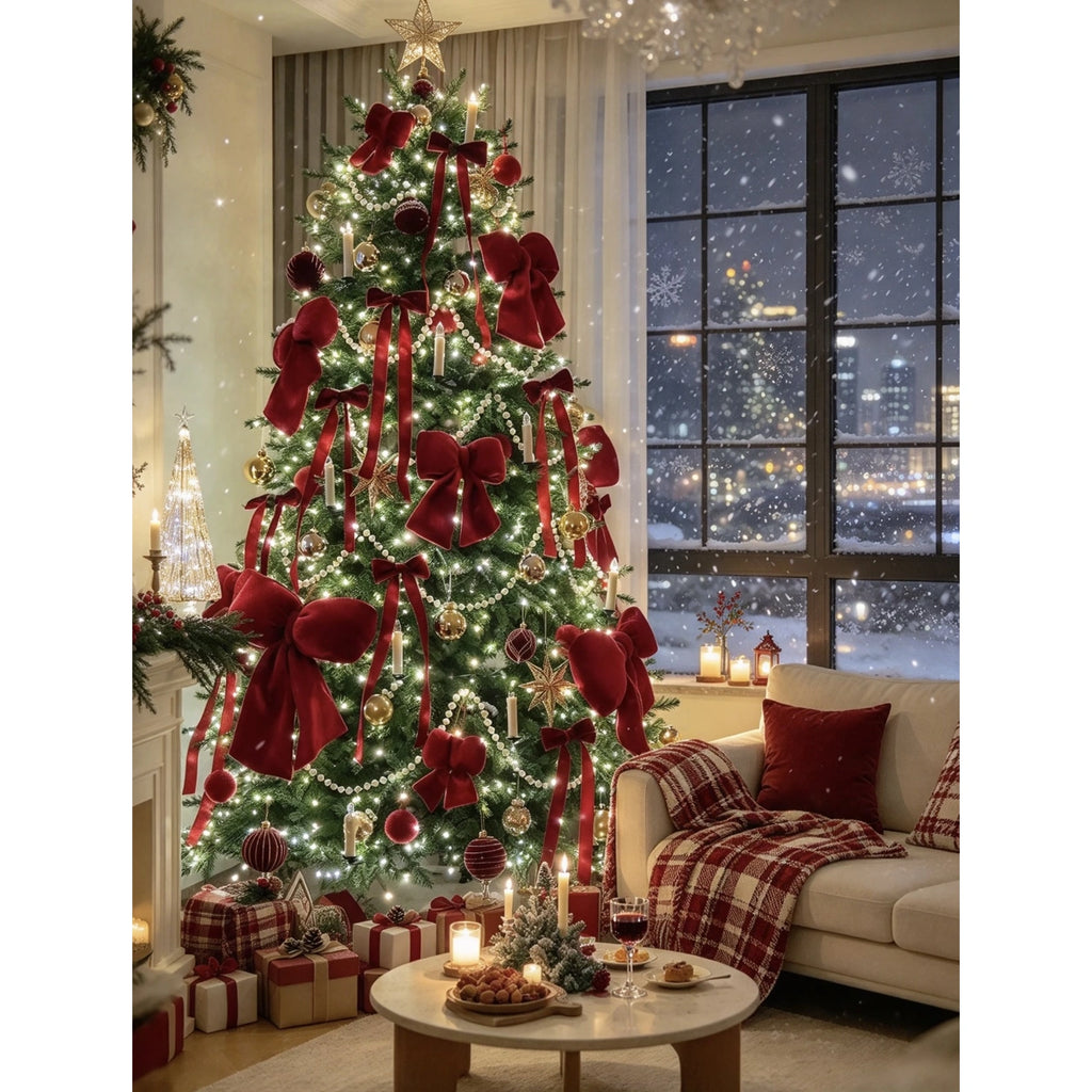 Original Cozy Christmas Tree with Red Bows by a Snowy Window paint by numbers artwork