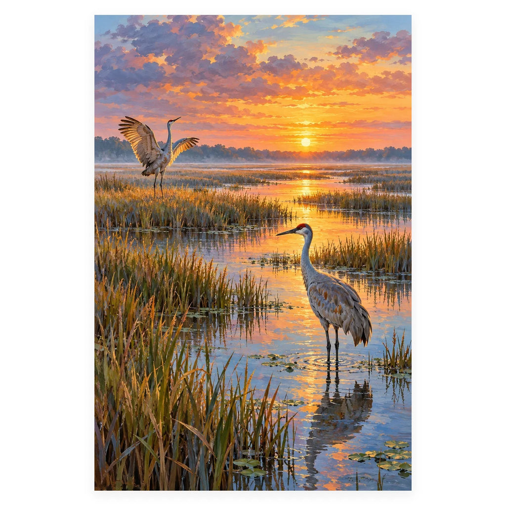 Cranes in a Reed Marsh completed artwork on a clean white background