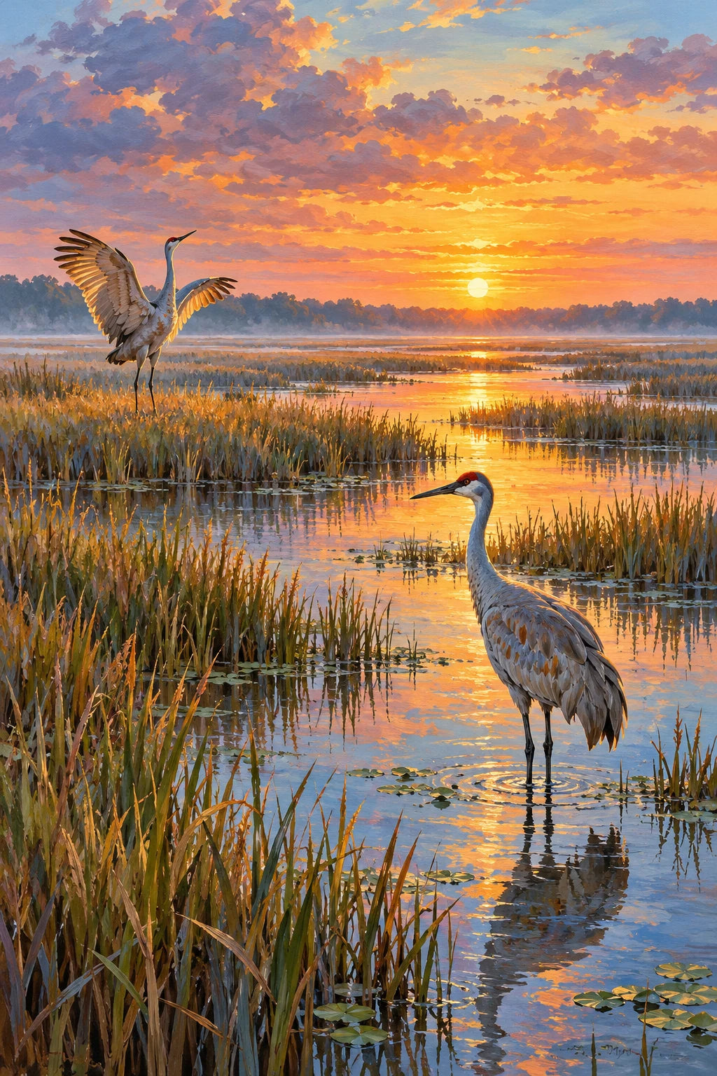 Original Cranes in a Reed Marsh artwork for the paint by numbers kit