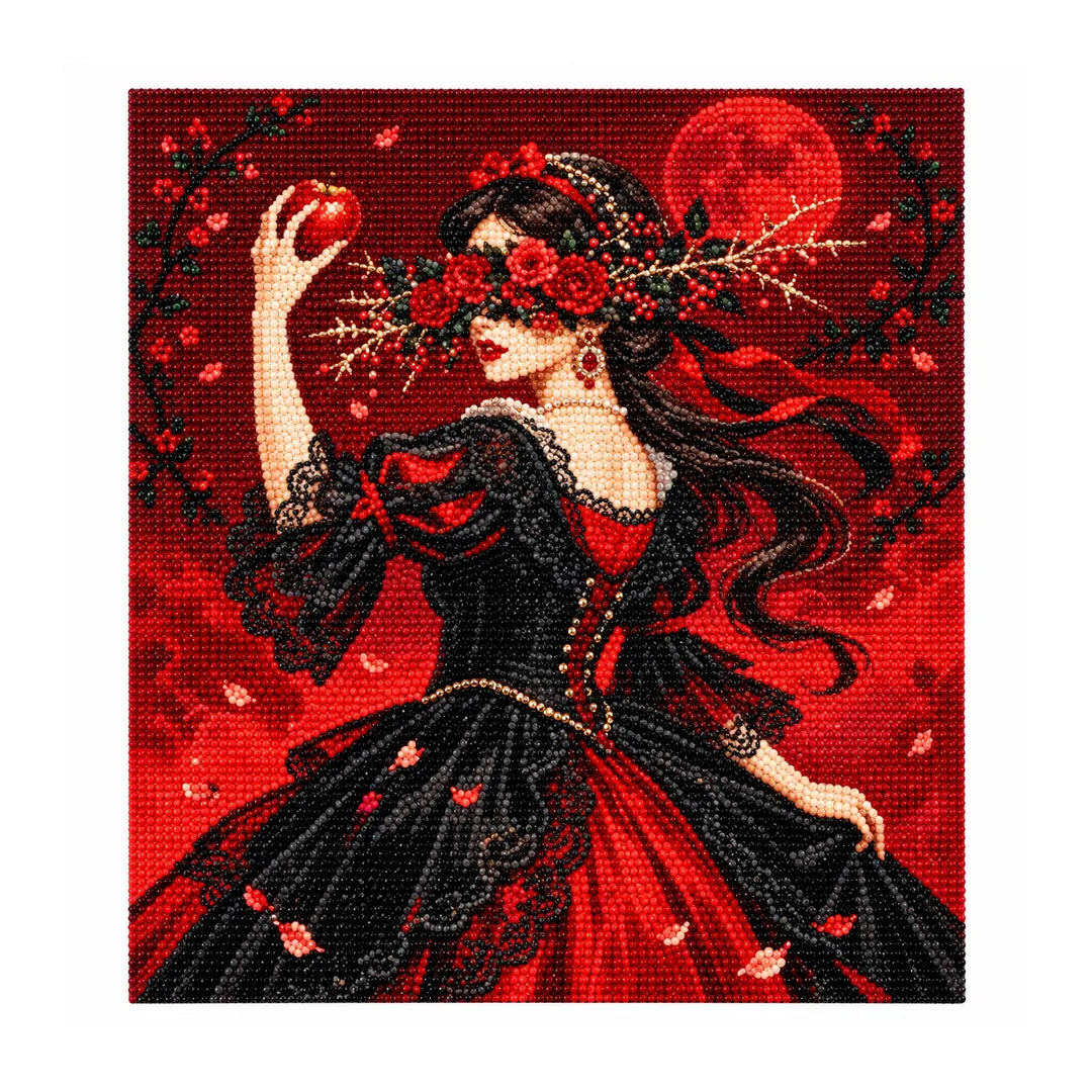White-background diamondized artwork of a crimson rose bride holding a red apple beneath a red moon