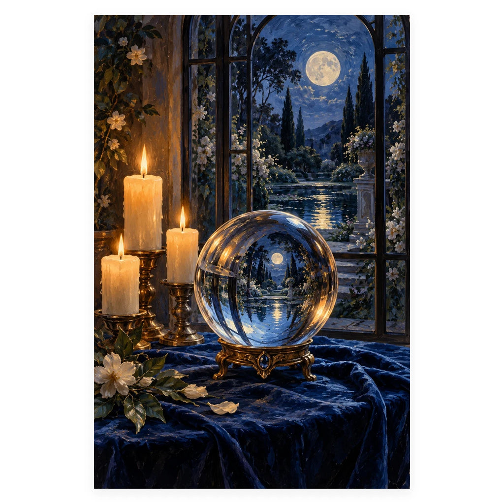 A glass crystal ball reflecting a moonlit garden in an arched window, surrounded by glowing candles and white flowers. Complete original artwork centered on a white square with original proportions preserved.