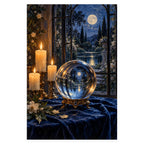 A glass crystal ball reflecting a moonlit garden in an arched window, surrounded by glowing candles and white flowers. Complete original artwork centered on a white square with original proportions preserved.
