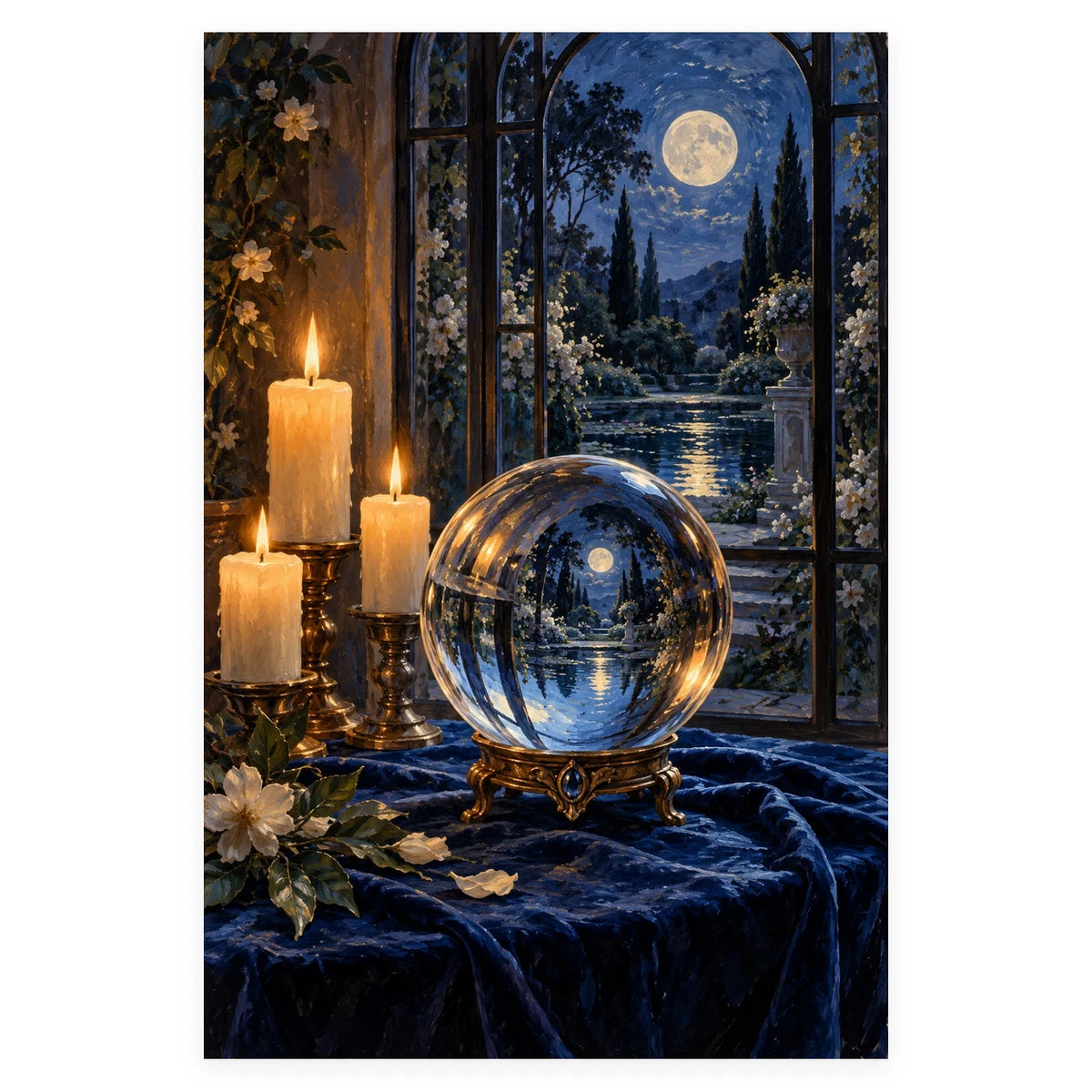 A glass crystal ball reflecting a moonlit garden in an arched window, surrounded by glowing candles and white flowers. Complete original artwork centered on a white square with original proportions preserved.
