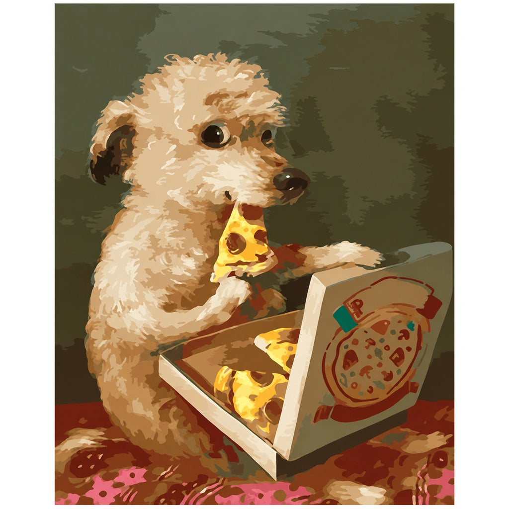 Original Curly Puppy Eating Pizza paint by numbers artwork.