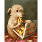 Original Curly Puppy Eating Pizza paint by numbers artwork.