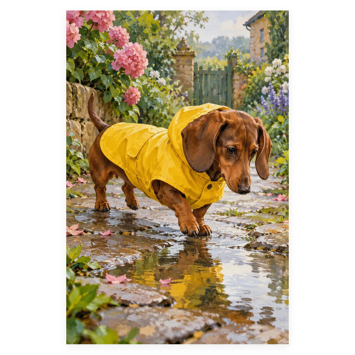 Dachshund Raincoat Puddle completed artwork on a clean white background