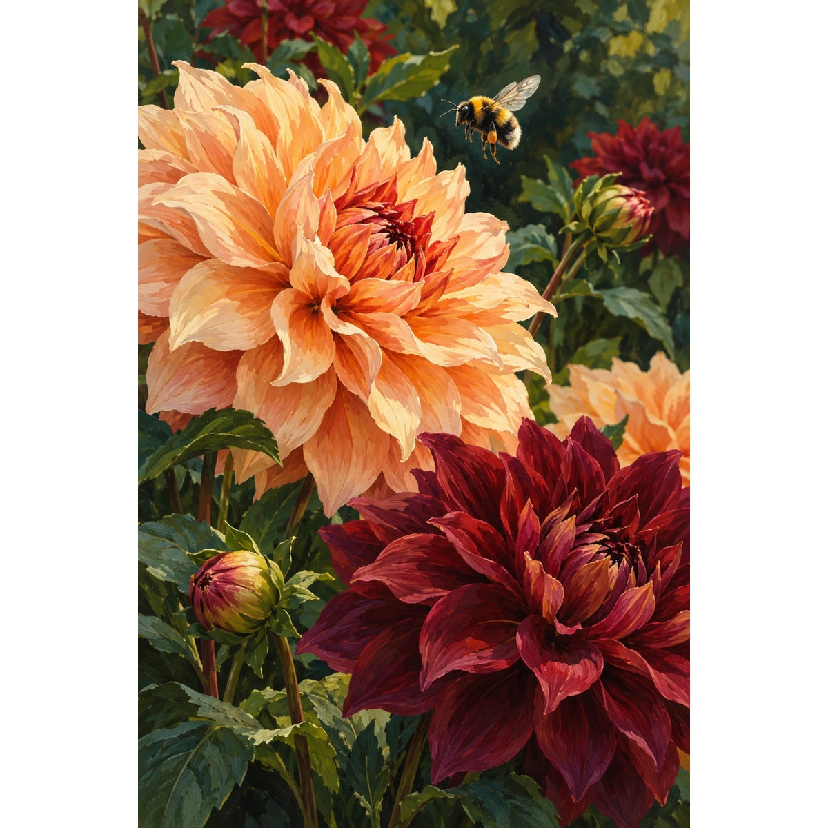 Completed Dahlia Garden Bumblebee artwork with dahlias, green leaves, and a hovering bee on a clean white background
