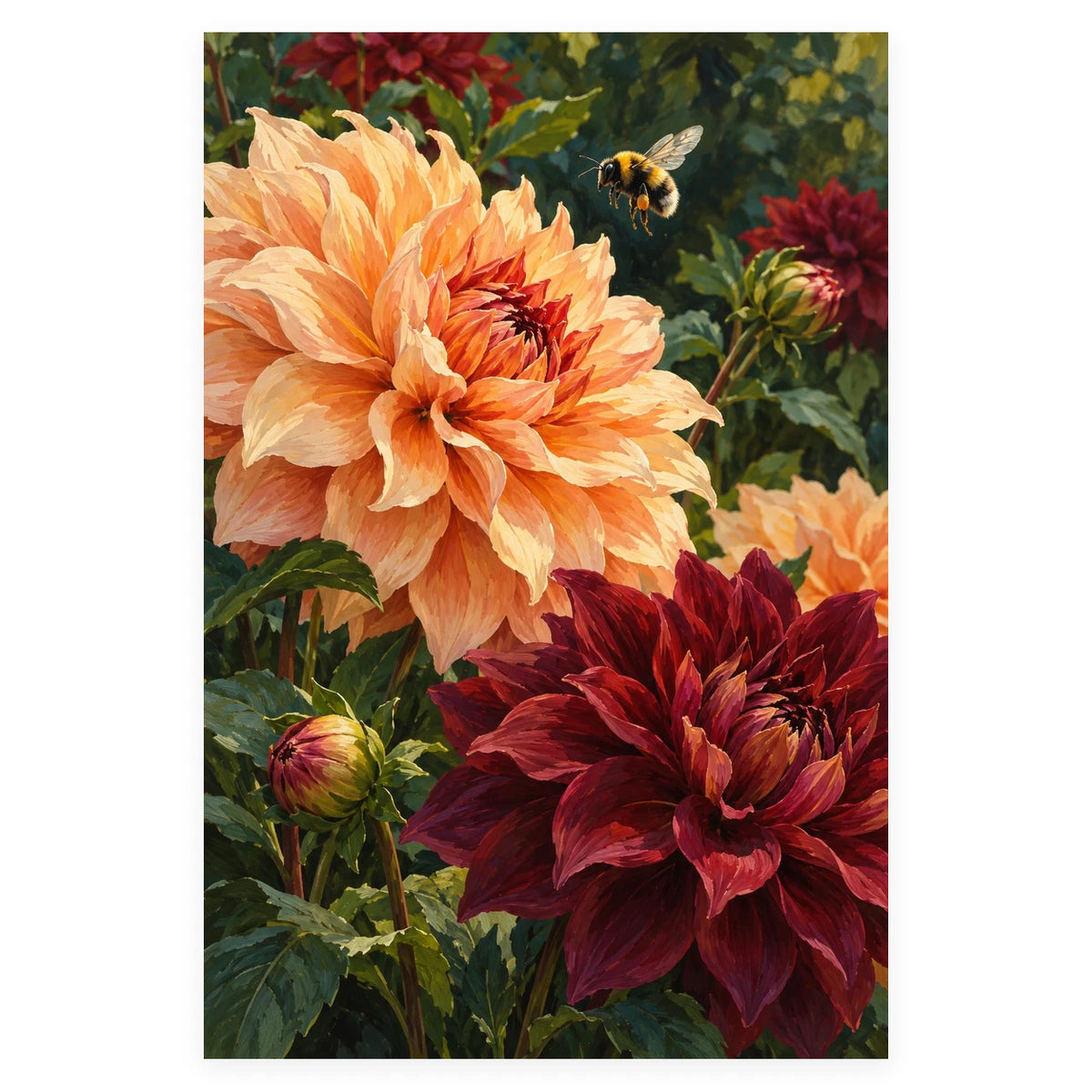Dahlia Garden Bumblebee completed artwork on a clean white background