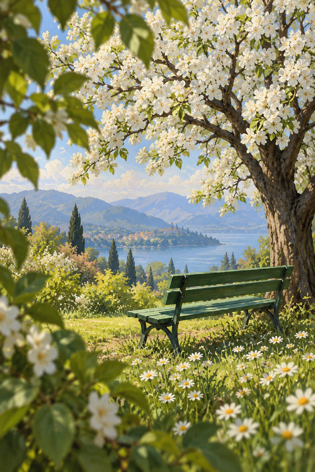 Completed Daisy Lawn Garden Bench artwork with spring blossoms, green bench, lake, and daisies on a clean white background