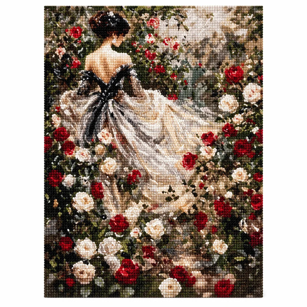 Finished diamond painting of a woman in an ivory gown with a black bow among red and white roses