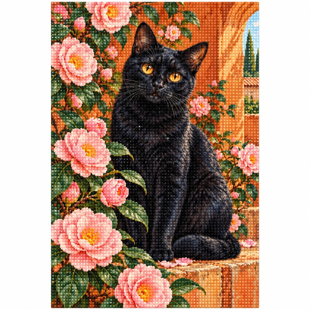 Black cat among pink camellias: finished diamond painting on a clean white background