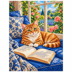 Orange tabby reading by a sunny window: finished diamond painting on a clean white background