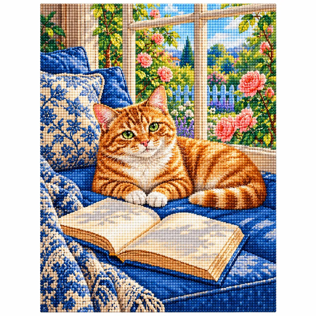 Orange tabby reading by a sunny window: finished diamond painting on a clean white background