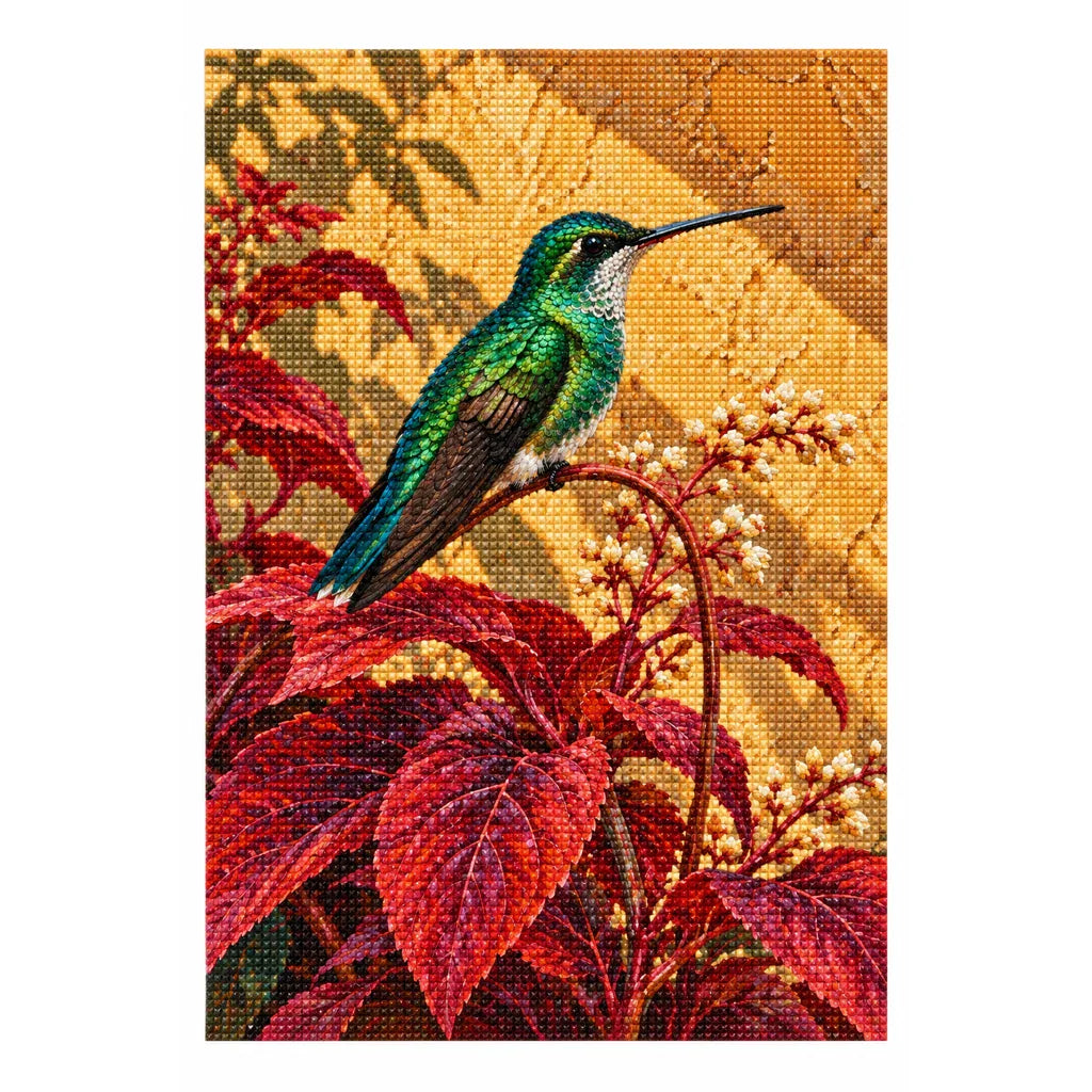 Green Hummingbird Among Ochre Branches Diamond Painting Kit — Finished white-background diamond painting