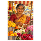 An older woman florist in a yellow sari arranges white flowers at a colorful market stall filled with marigolds and lotuses. Complete original artwork centered on a white square with original proportions preserved.
