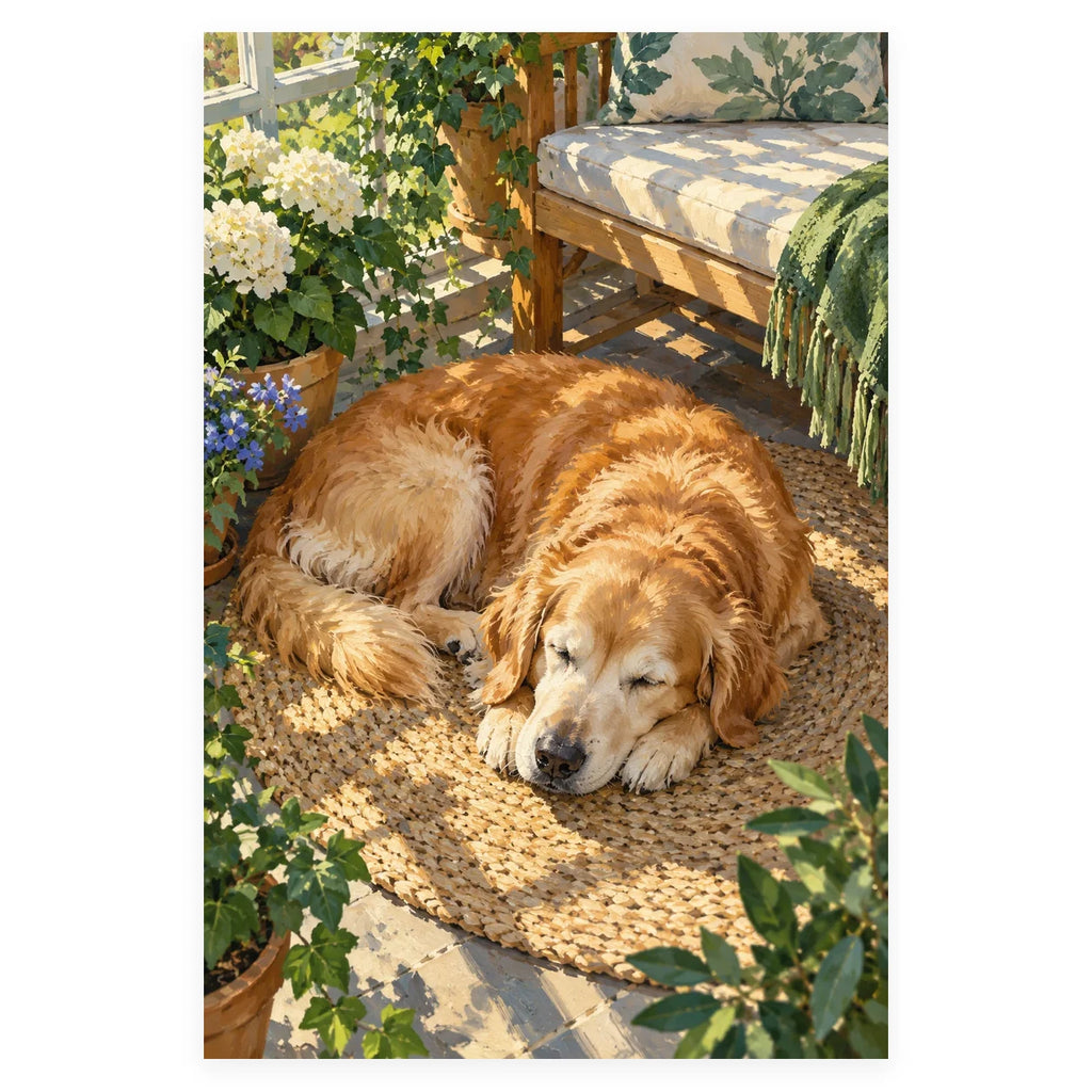 Elderly Retriever in a Sunroom completed artwork on a clean white background