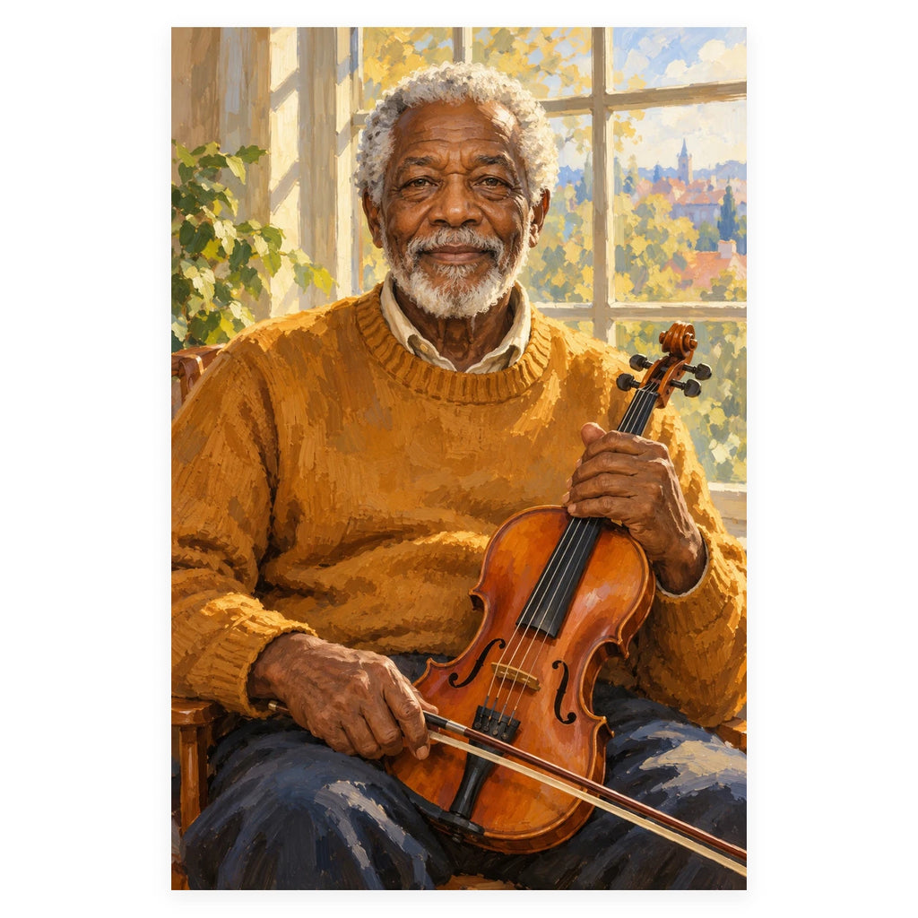 An elderly Black violinist in a mustard sweater holds his instrument by a bright window overlooking a city. Complete original artwork centered on a white square with original proportions preserved.