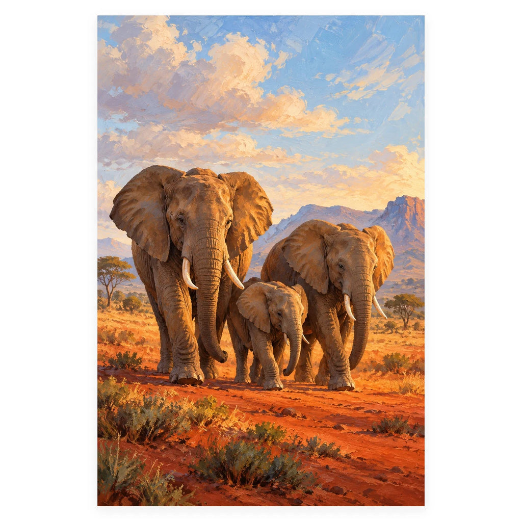 Elephant Family on Red Earth completed artwork on a clean white background