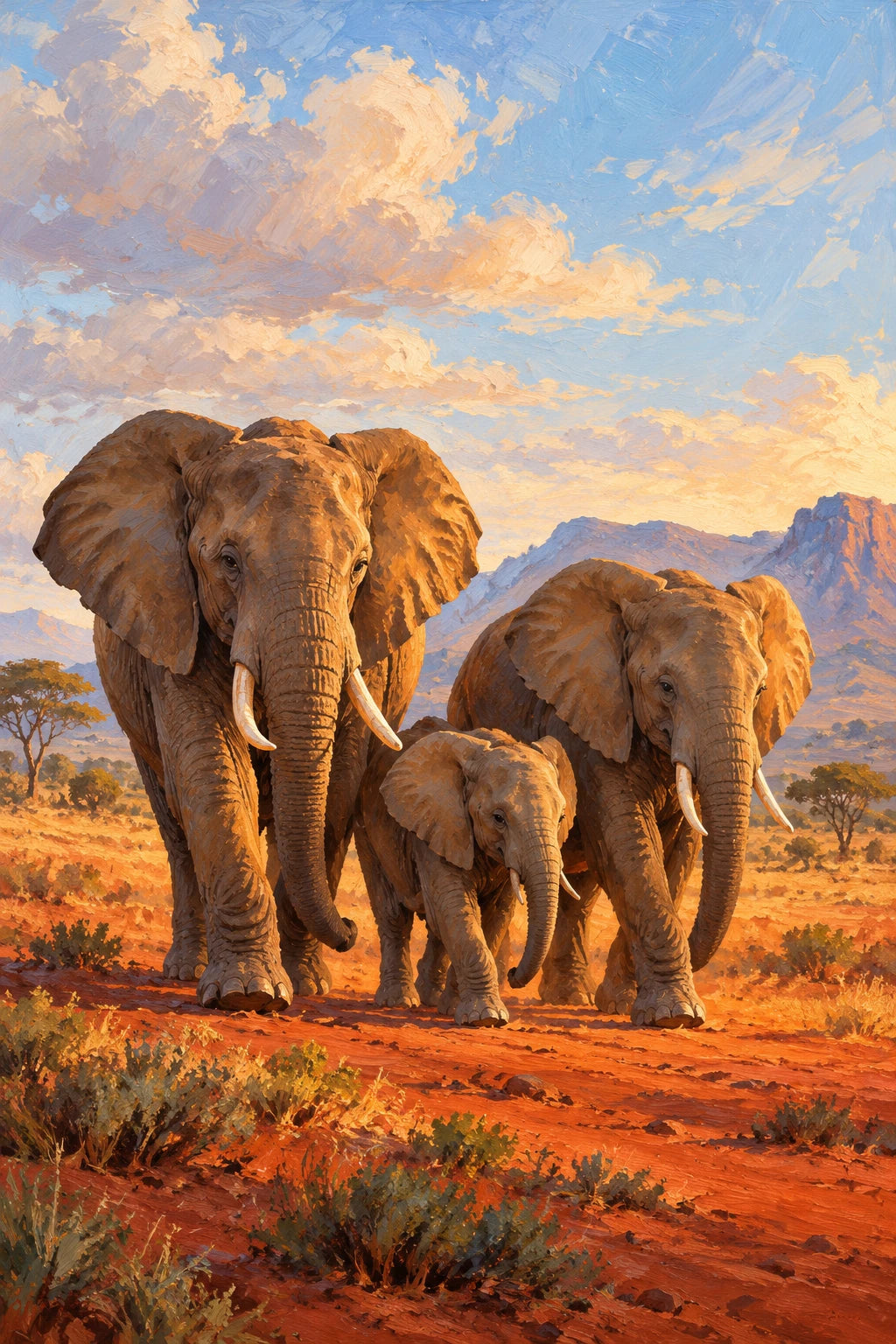 Original Elephant Family on Red Earth artwork for the paint by numbers kit