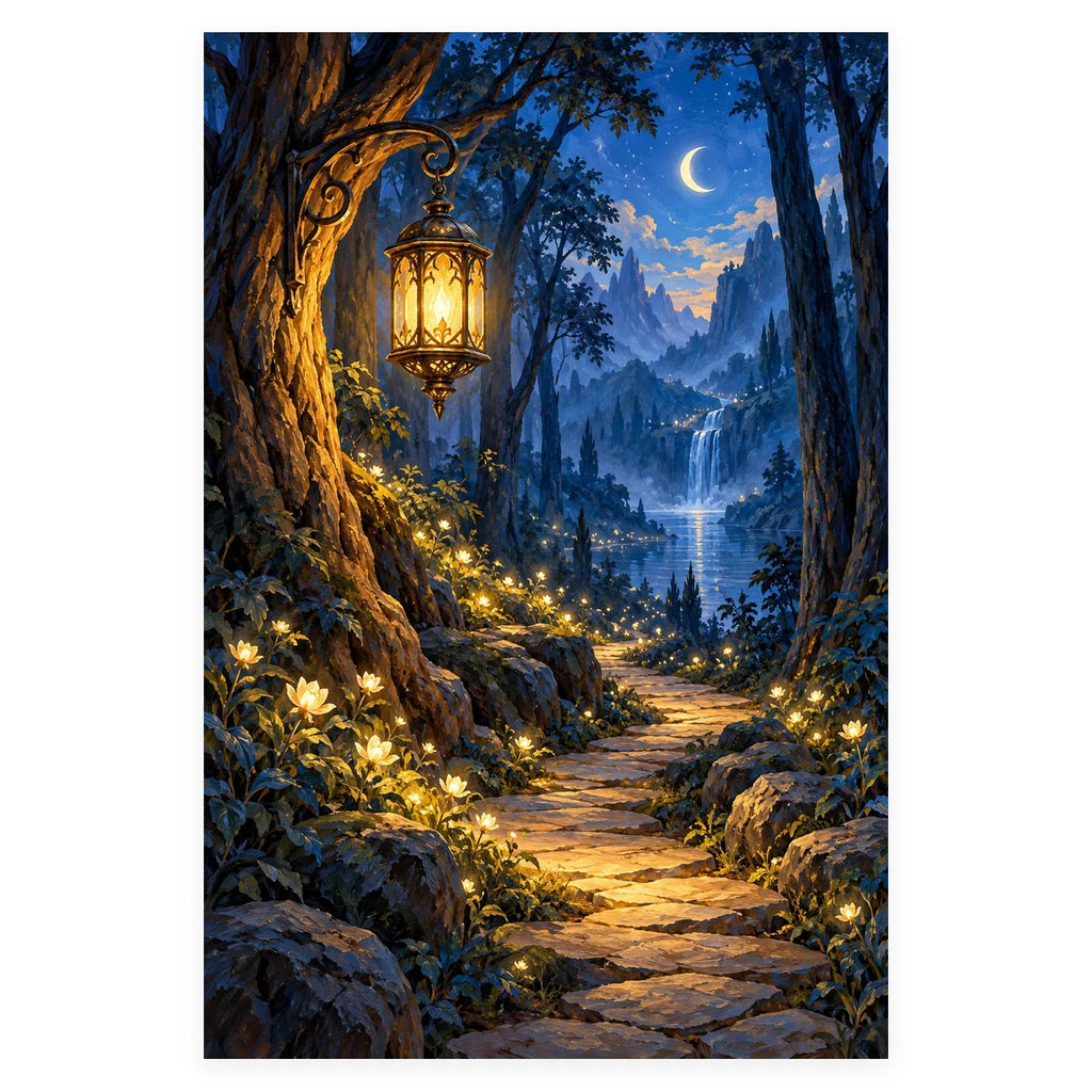 An ornate glowing lantern hangs above a moonlit stone path through a deep blue forest toward a waterfall and mountain lake. Complete original artwork centered on a white square with original proportions preserved.