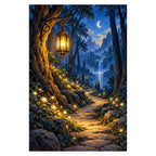 An ornate glowing lantern hangs above a moonlit stone path through a deep blue forest toward a waterfall and mountain lake. Complete original artwork centered on a white square with original proportions preserved.