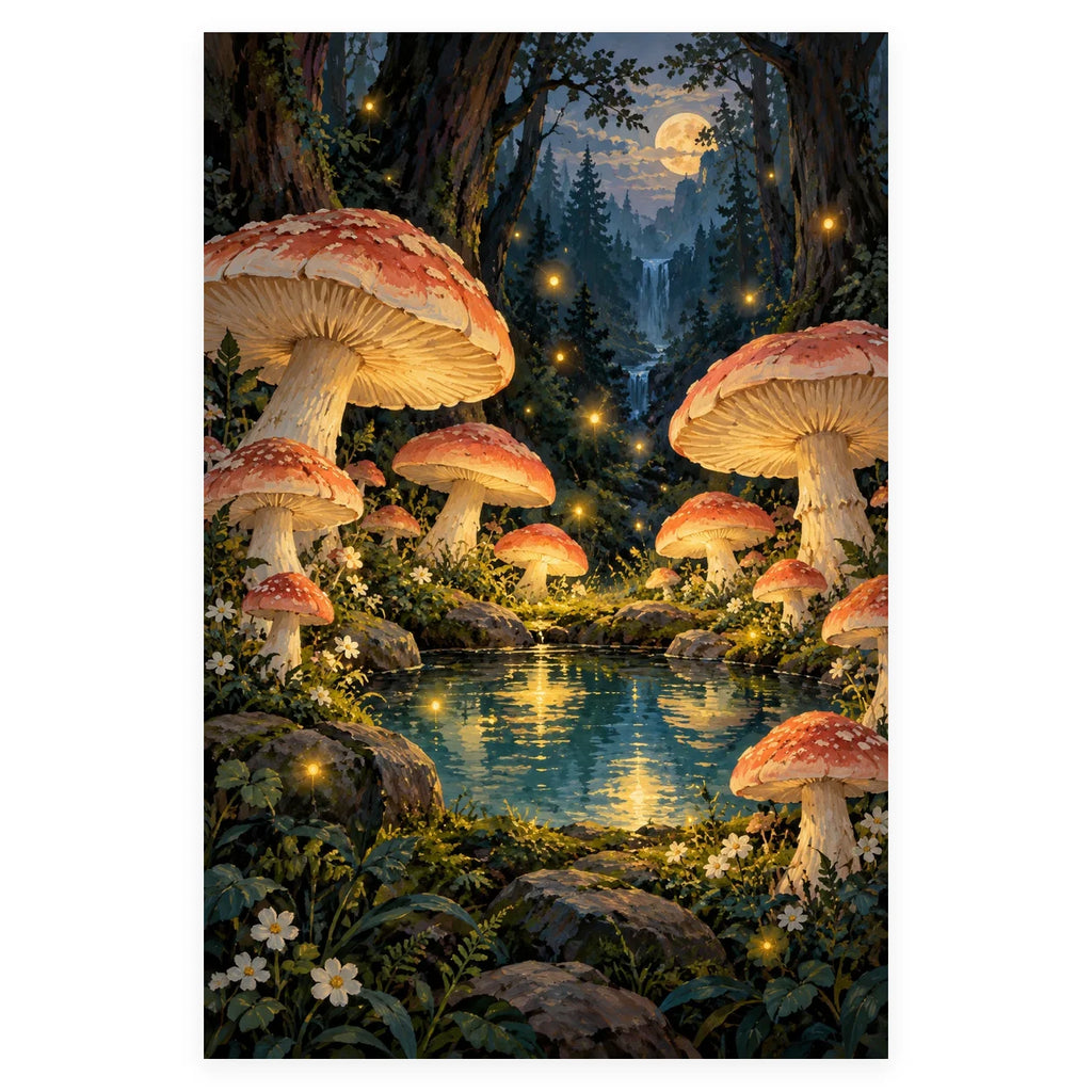 Large red-capped mushrooms and glowing lights surround a moonlit waterfall and lake in an enchanted forest. Complete original artwork centered on a white square with original proportions preserved.