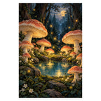 Large red-capped mushrooms and glowing lights surround a moonlit waterfall and lake in an enchanted forest. Complete original artwork centered on a white square with original proportions preserved.