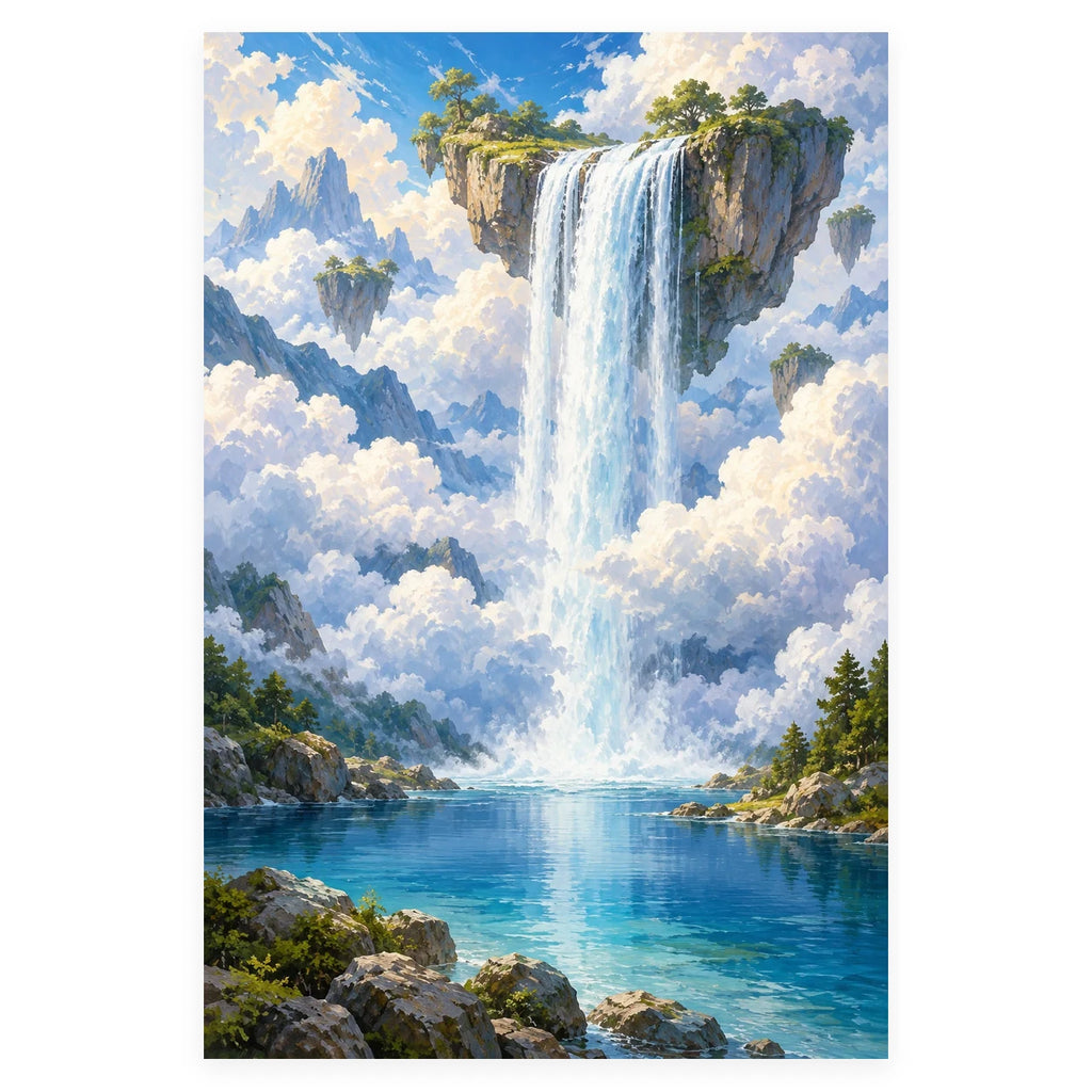 Complete original Fantasy Waterfall Through Clouds artwork centered on a white 1:1 background with the original proportions preserved.