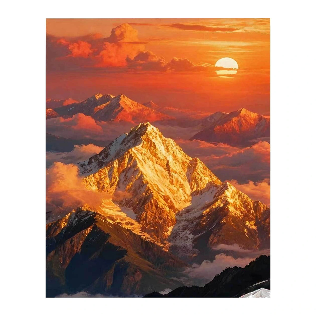 Fiery Sunset Snowy Mountain completed original artwork on a clean white background