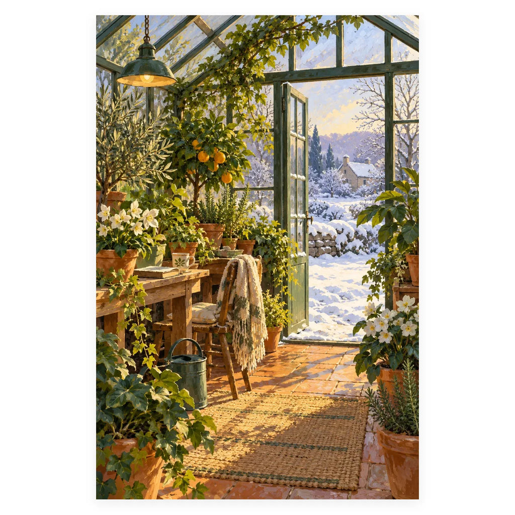 First Snow Greenhouse Window Paint by Numbers Kit completed artwork on a clean white background.