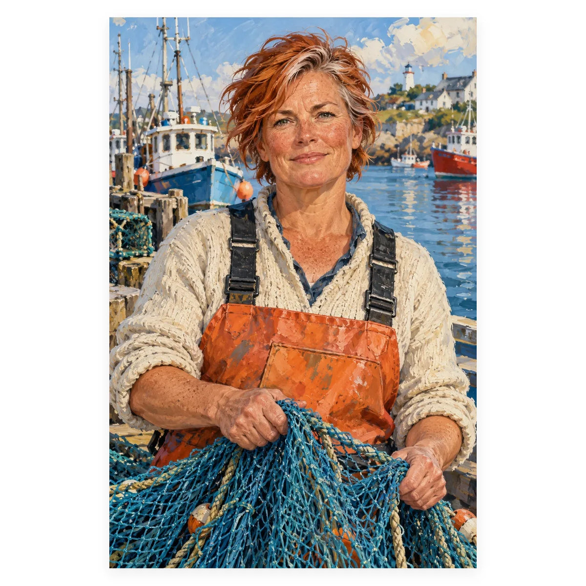 A red-haired fisherwoman in an orange apron repairs a blue fishing net beside boats in a coastal harbor. Complete original artwork centered on a white square with original proportions preserved.