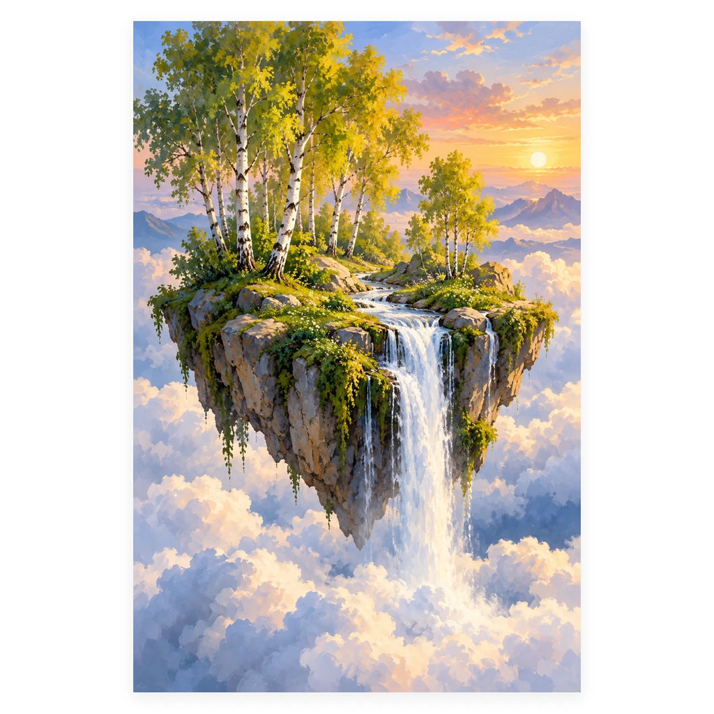 Complete original Floating Island Waterfall artwork centered on a white 1:1 background with the original proportions preserved.