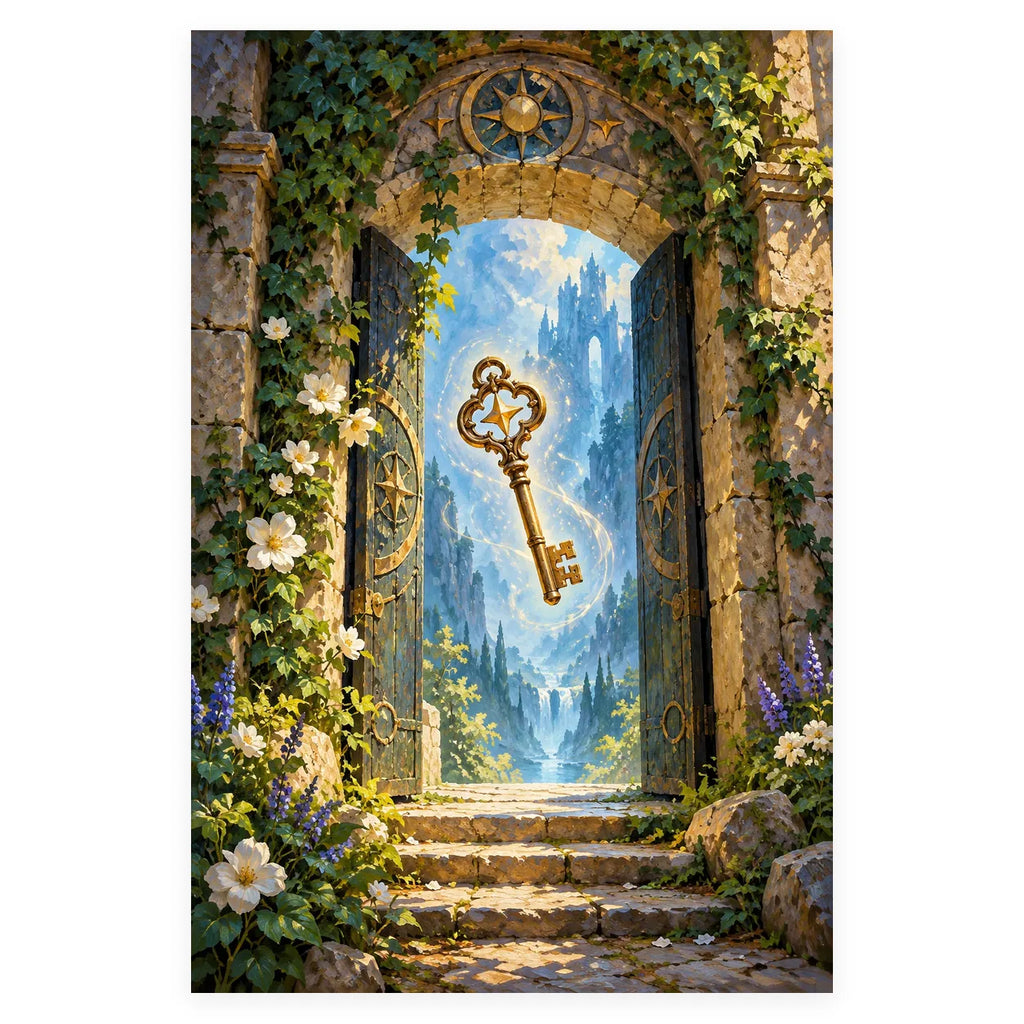 An ornate golden key floats in a sunlit stone doorway opening onto a distant castle and garden. Complete original artwork centered on a white square with original proportions preserved.