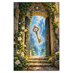 An ornate golden key floats in a sunlit stone doorway opening onto a distant castle and garden. Complete original artwork centered on a white square with original proportions preserved.
