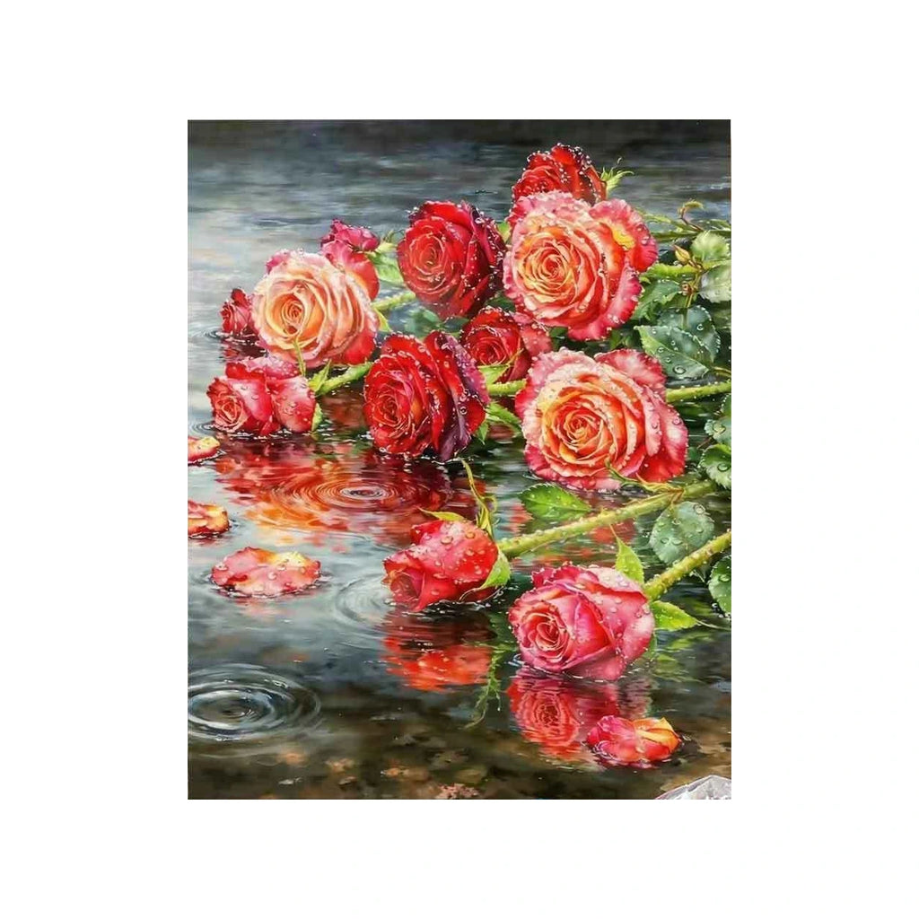 Floating Red Roses on Reflective Pond completed original artwork on a clean white background