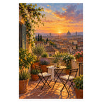 `02-florence-rooftop-terrace-duomo-sunset-original-white-background.webp` — Complete original portrait artwork of a flower-filled Florence rooftop terrace at sunset, centered on a white background with its original proportions preserved.