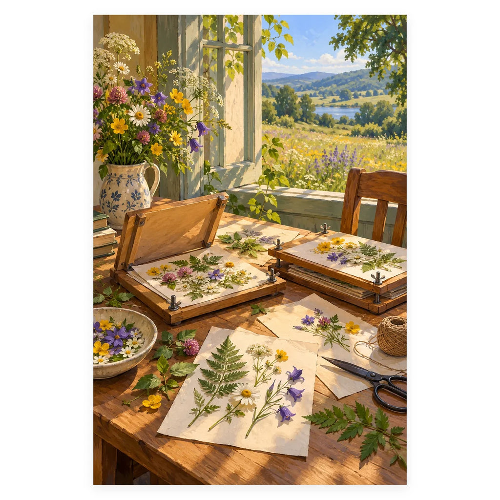`02-flower-pressing-table-original-white-background.webp` — Complete original Flower Pressing Table artwork centered on a white 1:1 background with the original proportions preserved.