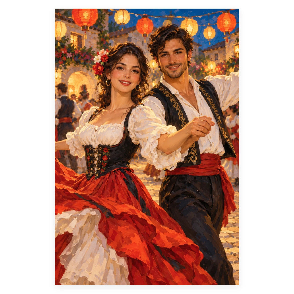A woman and man in traditional folk costumes dance beneath red and gold lanterns in a festive village square. Complete original artwork centered on a white square with original proportions preserved.