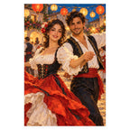 A woman and man in traditional folk costumes dance beneath red and gold lanterns in a festive village square. Complete original artwork centered on a white square with original proportions preserved.
